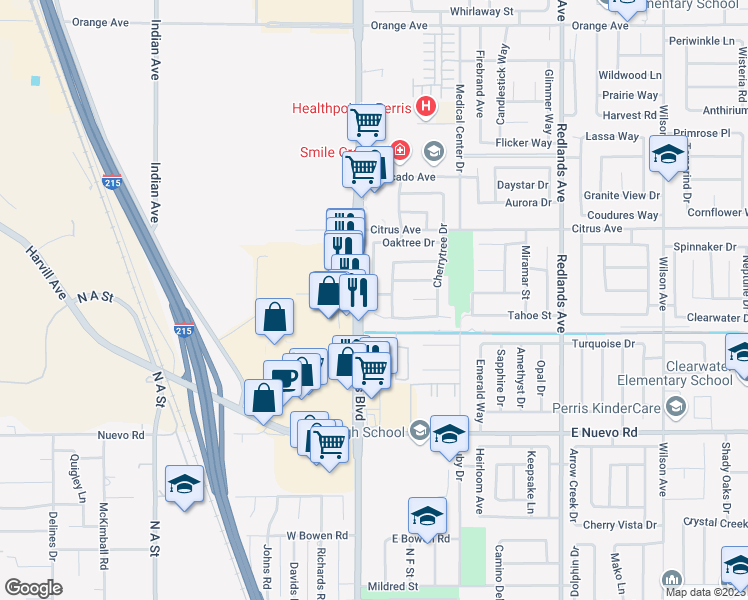 map of restaurants, bars, coffee shops, grocery stores, and more near 107 Orangetree Drive in Perris