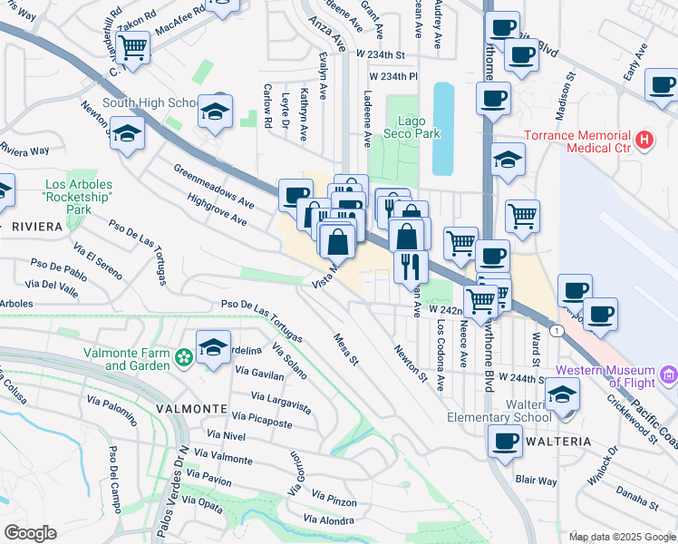 map of restaurants, bars, coffee shops, grocery stores, and more near 24046 Vista Montana in Torrance