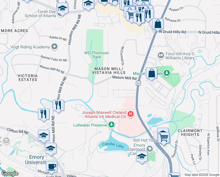 map of restaurants, bars, coffee shops, grocery stores, and more near 940 Vistavia Circle in Decatur