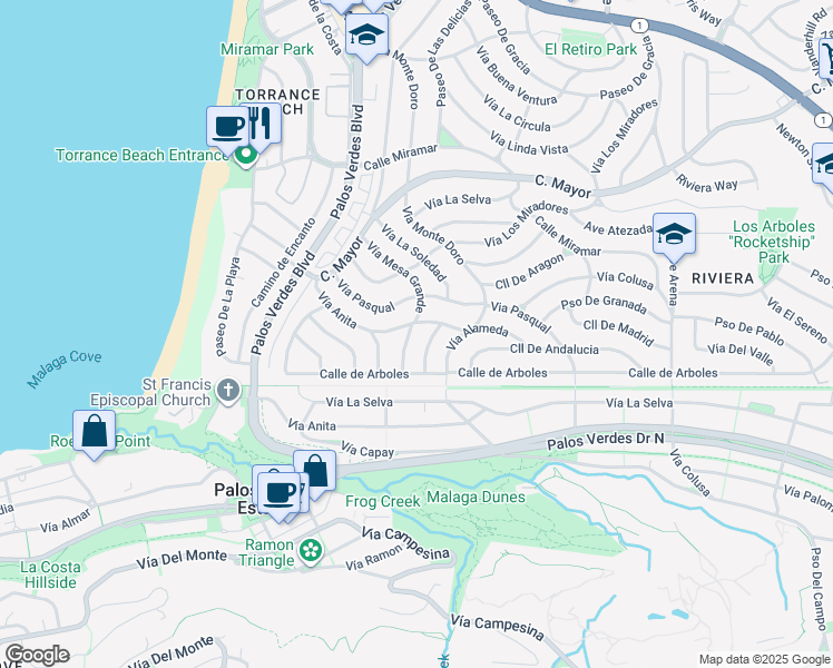 map of restaurants, bars, coffee shops, grocery stores, and more near 406 Vía Mesa Grande in Redondo Beach