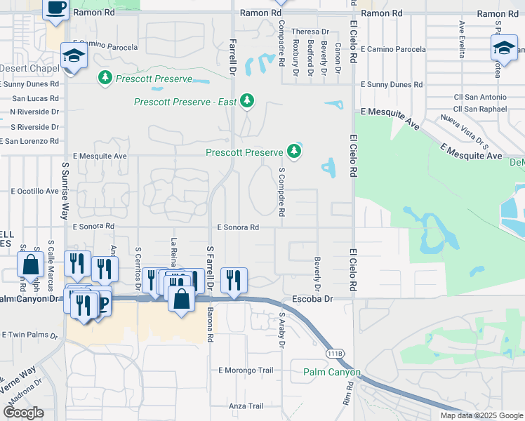 map of restaurants, bars, coffee shops, grocery stores, and more near 2701 East Mesquite Avenue in Palm Springs