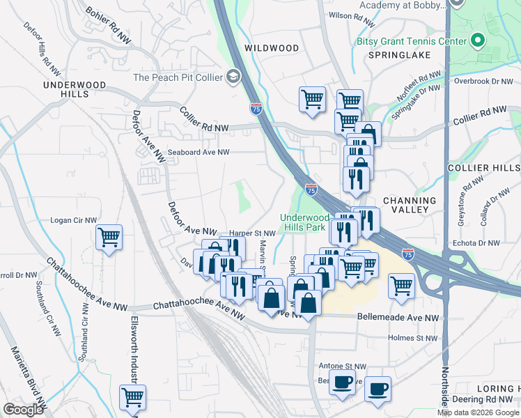 map of restaurants, bars, coffee shops, grocery stores, and more near 1855 Woodland Hills Avenue Northwest in Atlanta