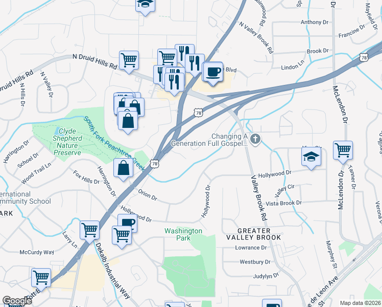 map of restaurants, bars, coffee shops, grocery stores, and more near 2851 Concord Drive in Decatur