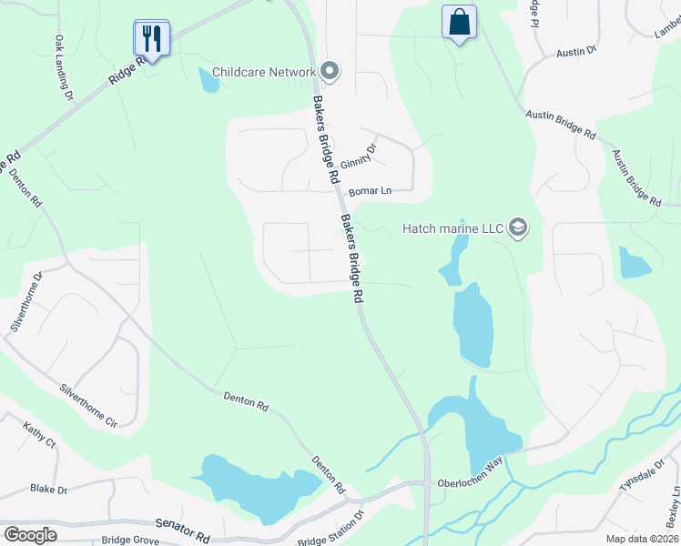 map of restaurants, bars, coffee shops, grocery stores, and more near 44 Bakers Bridge Circle in Douglasville