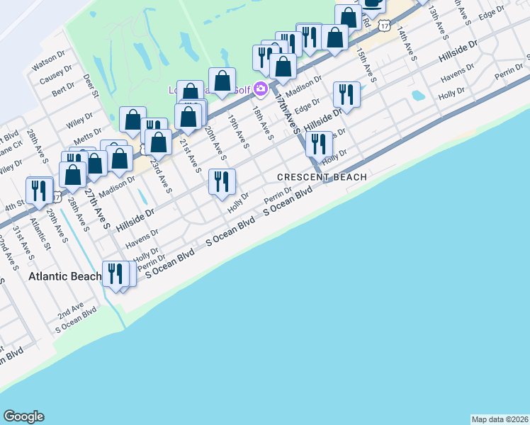 map of restaurants, bars, coffee shops, grocery stores, and more near South Ocean Boulevard in North Myrtle Beach