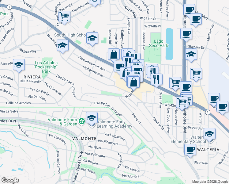 map of restaurants, bars, coffee shops, grocery stores, and more near 4259 Vista Largo in Torrance