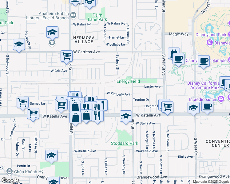 map of restaurants, bars, coffee shops, grocery stores, and more near 1729 South Bayless Street in Anaheim
