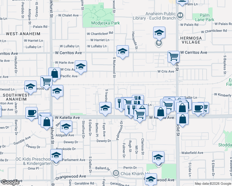 map of restaurants, bars, coffee shops, grocery stores, and more near 1717 Heritage Circle in Anaheim