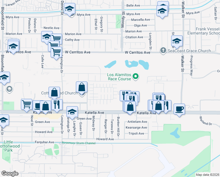 map of restaurants, bars, coffee shops, grocery stores, and more near 4815 Colina Court in Cypress