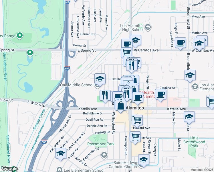 map of restaurants, bars, coffee shops, grocery stores, and more near 10824 Oak Street in Los Alamitos
