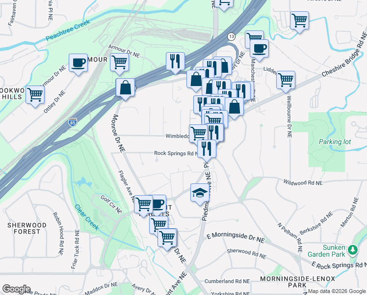 map of restaurants, bars, coffee shops, grocery stores, and more near 558 Rock Springs Road Northeast in Atlanta