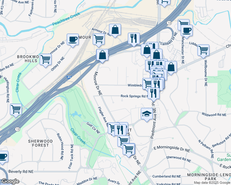 map of restaurants, bars, coffee shops, grocery stores, and more near 444 Rock Springs Road Northeast in Atlanta