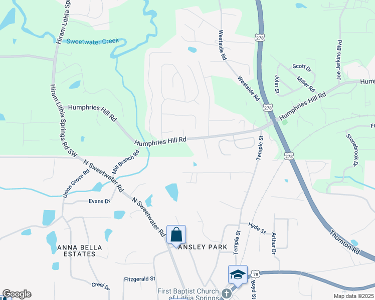 map of restaurants, bars, coffee shops, grocery stores, and more near 3667 Humphries Hill Road in Austell