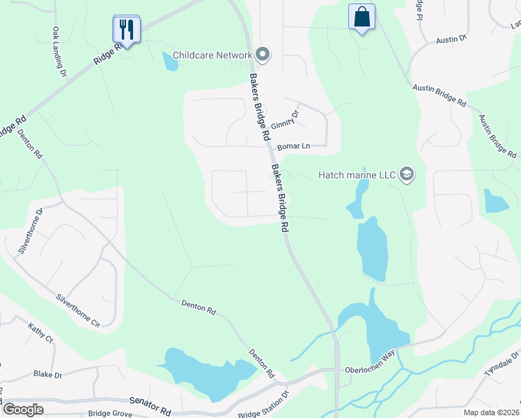 map of restaurants, bars, coffee shops, grocery stores, and more near 82 Bakers Bridge Circle in Douglasville