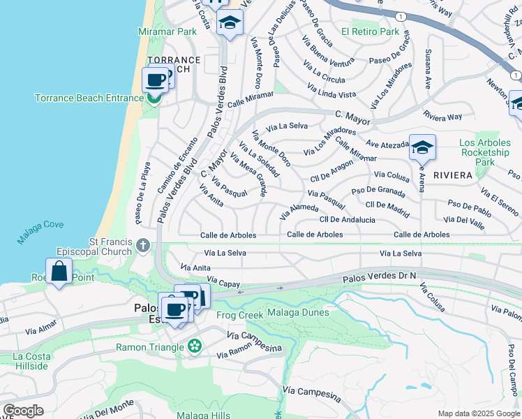 map of restaurants, bars, coffee shops, grocery stores, and more near 406 Vía Mesa Grande in Redondo Beach