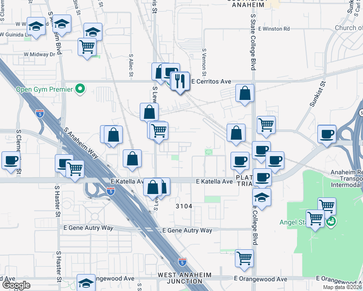 map of restaurants, bars, coffee shops, grocery stores, and more near 969 East Mason Lane in Anaheim