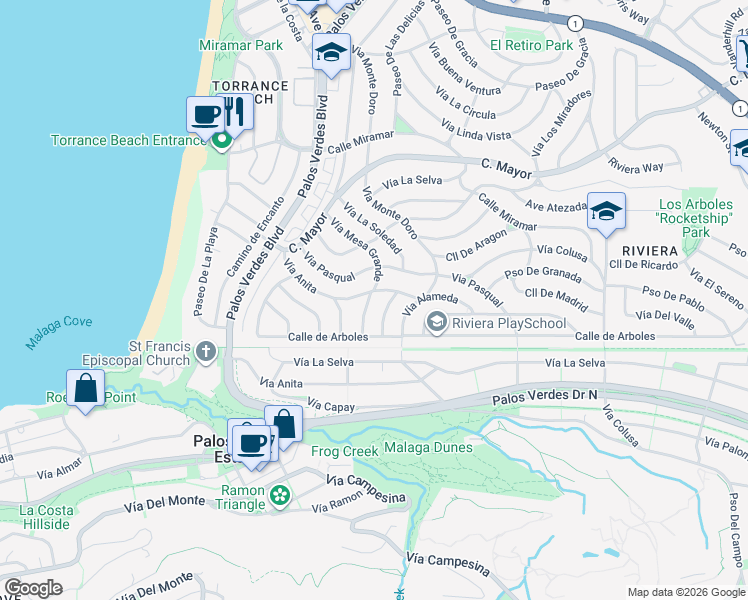 map of restaurants, bars, coffee shops, grocery stores, and more near 406 Vía Mesa Grande in Redondo Beach
