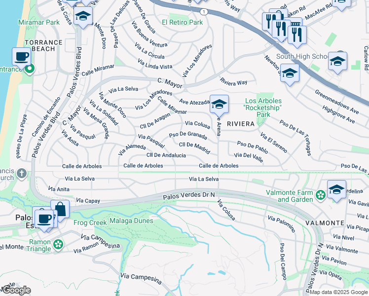 map of restaurants, bars, coffee shops, grocery stores, and more near 224 Calle De Madrid in Redondo Beach