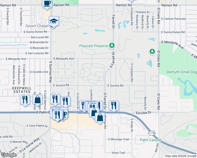 map of restaurants, bars, coffee shops, grocery stores, and more near 2396 Oakcrest Drive in Palm Springs