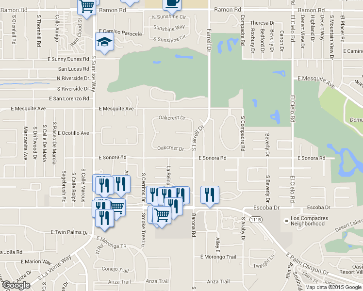 map of restaurants, bars, coffee shops, grocery stores, and more near 2396 Oakcrest Drive in Palm Springs