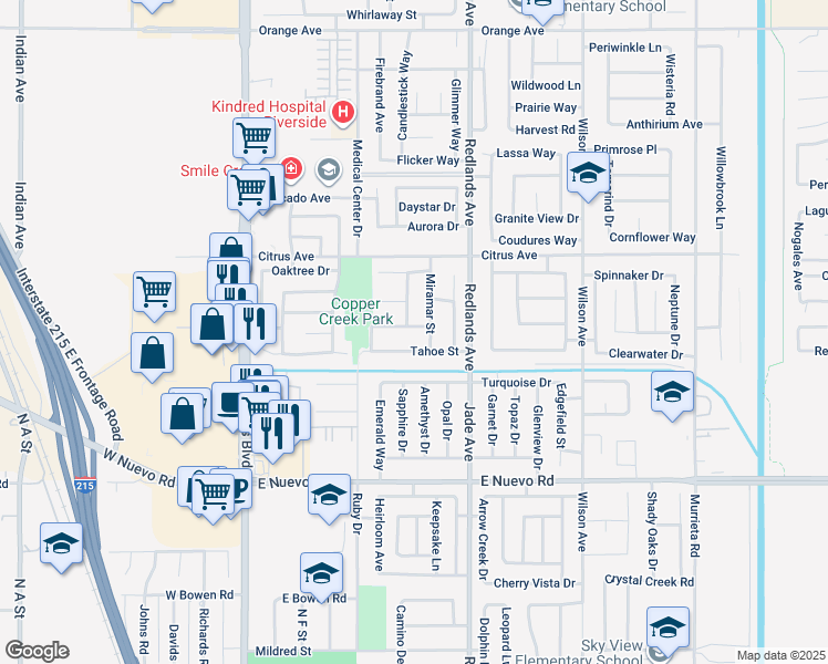 map of restaurants, bars, coffee shops, grocery stores, and more near 267 Clear Lake Street in Perris