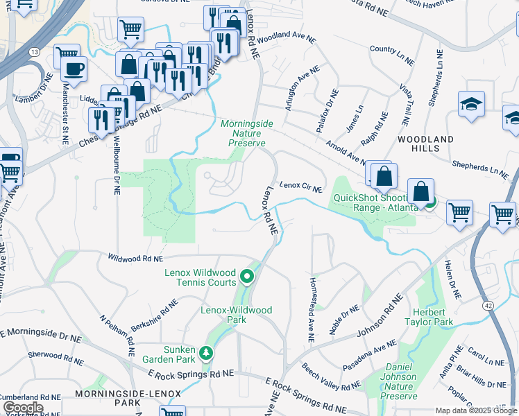 map of restaurants, bars, coffee shops, grocery stores, and more near 1876 Lenox Road Northeast in Atlanta