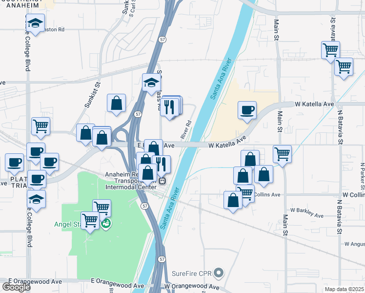map of restaurants, bars, coffee shops, grocery stores, and more near 16700 Santa Ana River Trail in Anaheim
