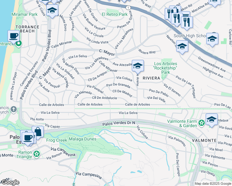 map of restaurants, bars, coffee shops, grocery stores, and more near 224 Calle De Madrid in Redondo Beach