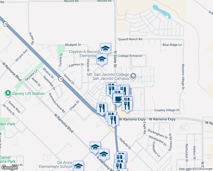 map of restaurants, bars, coffee shops, grocery stores, and more near 1433 Prospect Drive in San Jacinto