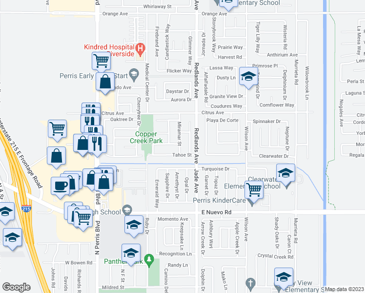 map of restaurants, bars, coffee shops, grocery stores, and more near 1853 Miramar Street in Perris