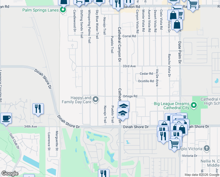 map of restaurants, bars, coffee shops, grocery stores, and more near 33365 Pueblo Trail in Cathedral City