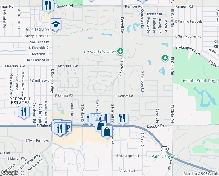 map of restaurants, bars, coffee shops, grocery stores, and more near 2490 Oakcrest Drive in Palm Springs