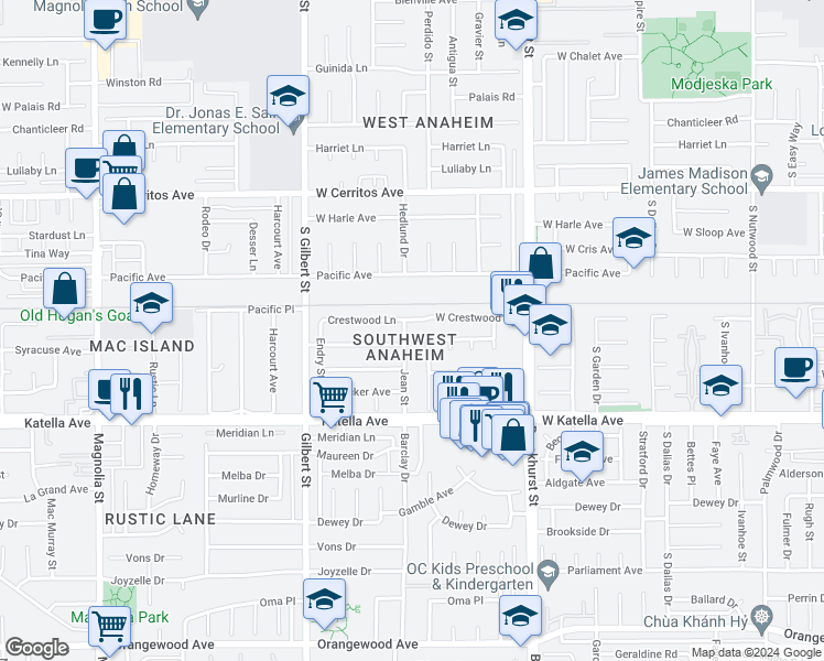 map of restaurants, bars, coffee shops, grocery stores, and more near 10792 Jean Street in Anaheim
