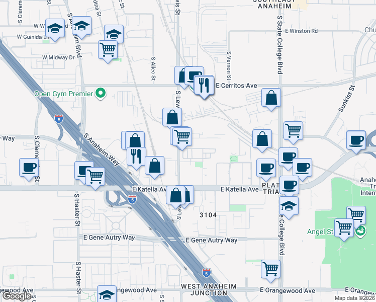 map of restaurants, bars, coffee shops, grocery stores, and more near 921 East Mason Lane in Anaheim