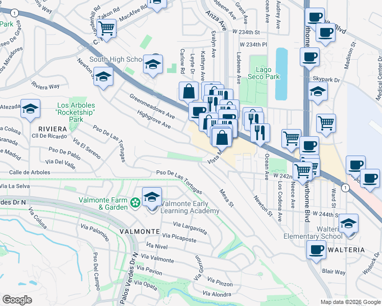 map of restaurants, bars, coffee shops, grocery stores, and more near 4259 Vista Largo in Torrance