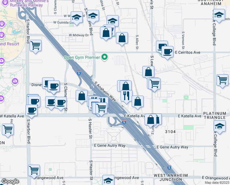 map of restaurants, bars, coffee shops, grocery stores, and more near 1730 South Anaheim Way in Anaheim