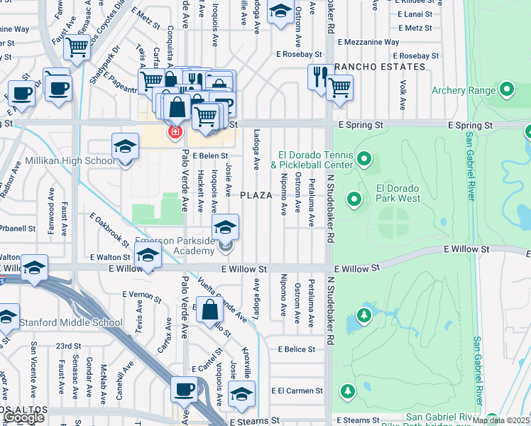 map of restaurants, bars, coffee shops, grocery stores, and more near 2729 Monogram Avenue in Long Beach