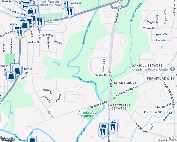 map of restaurants, bars, coffee shops, grocery stores, and more near 1142 Pontiac Circle in Austell