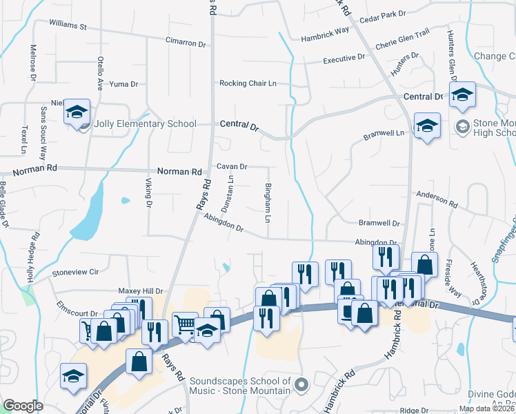 map of restaurants, bars, coffee shops, grocery stores, and more near 938 Bingham Lane in Stone Mountain