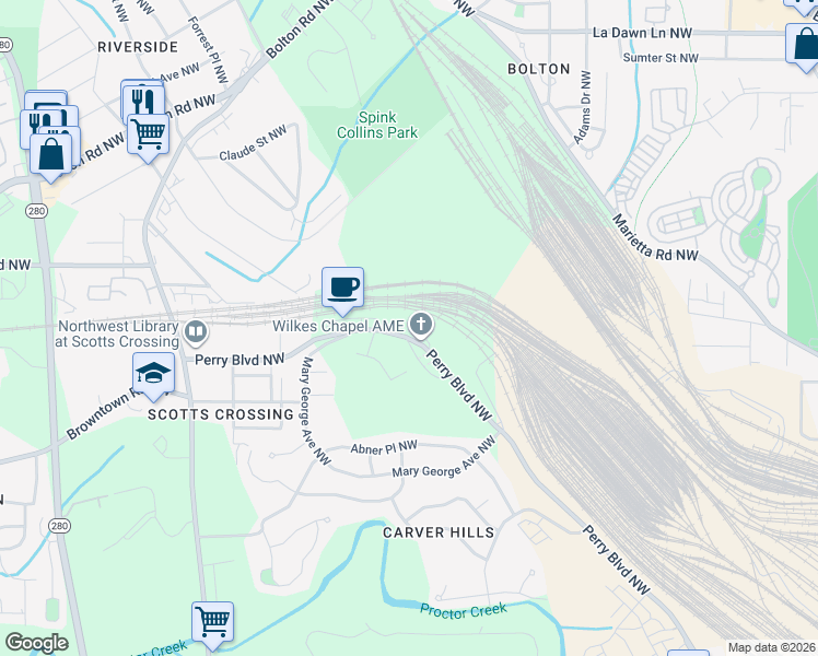 map of restaurants, bars, coffee shops, grocery stores, and more near 2225 Perry Boulevard Northwest in Atlanta