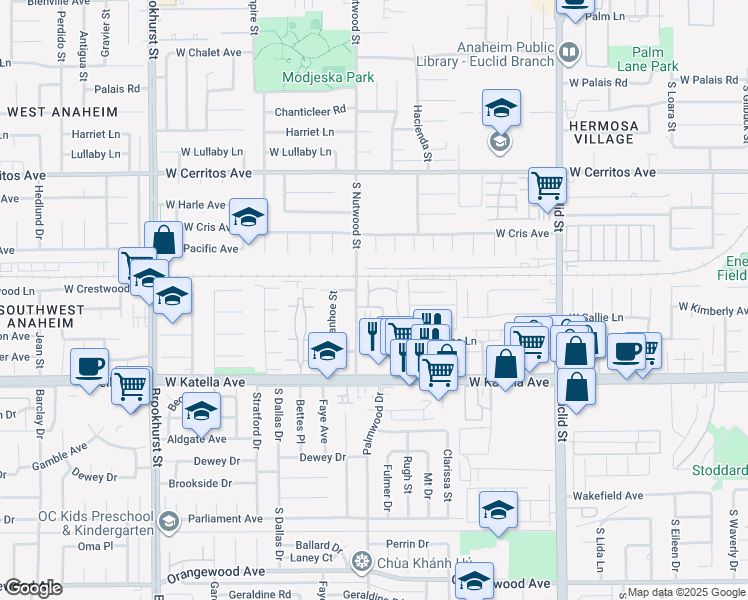 map of restaurants, bars, coffee shops, grocery stores, and more near 1717 Heritage Circle in Anaheim