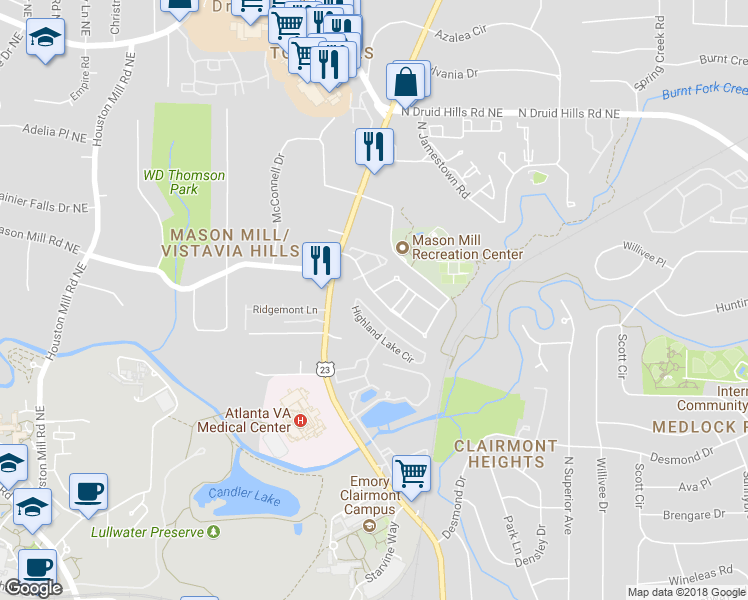 map of restaurants, bars, coffee shops, grocery stores, and more near 1967 Mason Mill Road in Decatur
