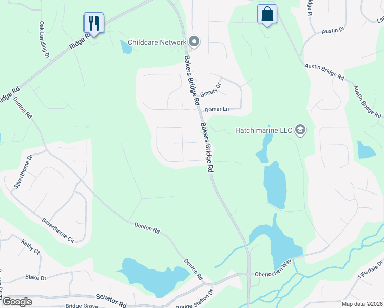 map of restaurants, bars, coffee shops, grocery stores, and more near 82 Bakers Bridge Circle in Douglasville