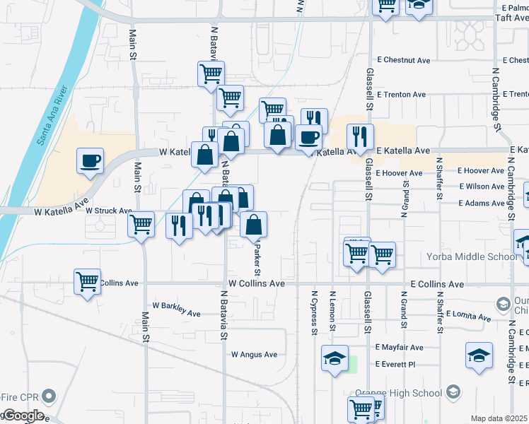 map of restaurants, bars, coffee shops, grocery stores, and more near 1091 N Parker St in Orange