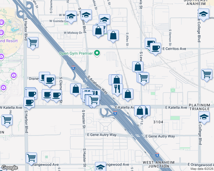map of restaurants, bars, coffee shops, grocery stores, and more near 1730 South Anaheim Boulevard in Anaheim