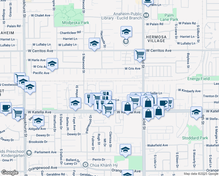 map of restaurants, bars, coffee shops, grocery stores, and more near 1817 West Sallie Lane in Anaheim