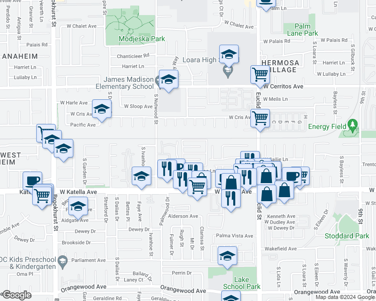 map of restaurants, bars, coffee shops, grocery stores, and more near 1683 Heritage Circle in Anaheim