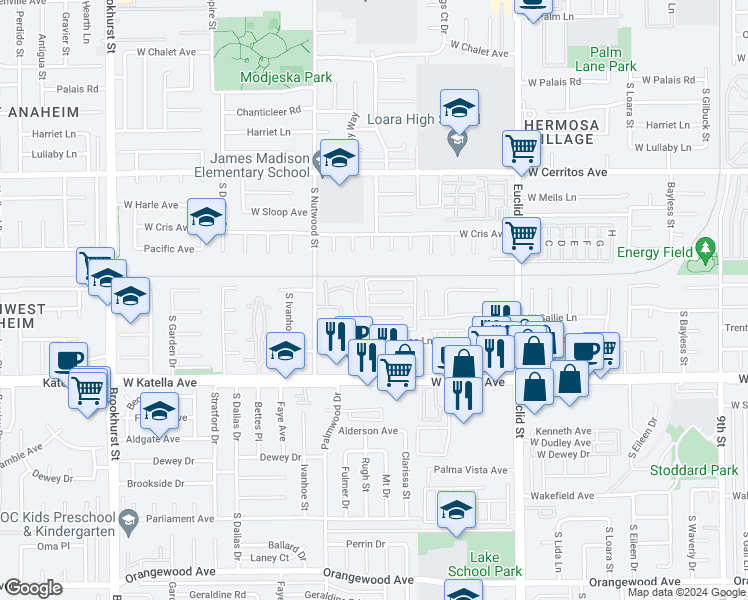 map of restaurants, bars, coffee shops, grocery stores, and more near 1683 Heritage Circle in Anaheim