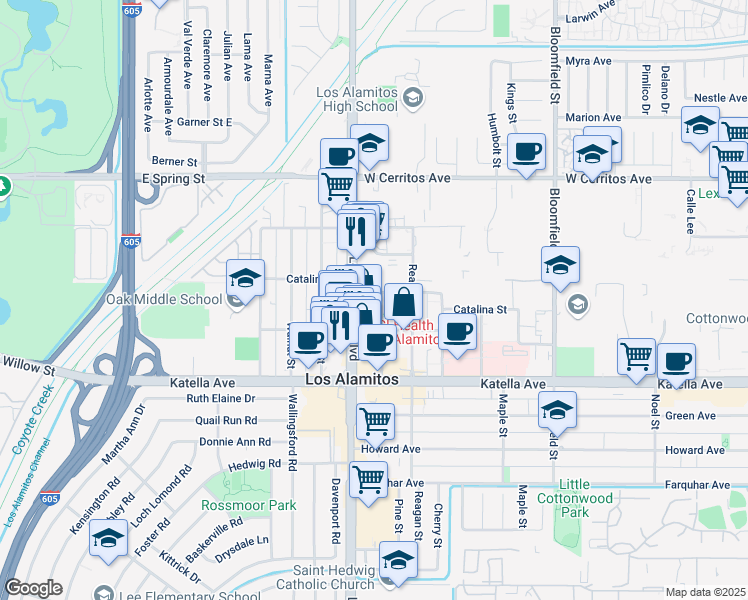 map of restaurants, bars, coffee shops, grocery stores, and more near 10821 Pine Street in Los Alamitos