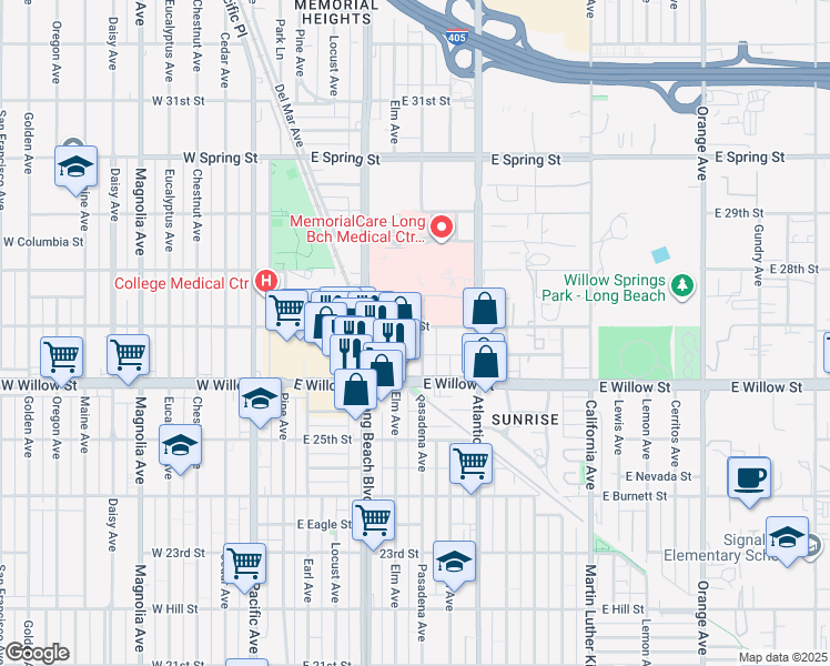 map of restaurants, bars, coffee shops, grocery stores, and more near 2650 Elm Avenue in Long Beach